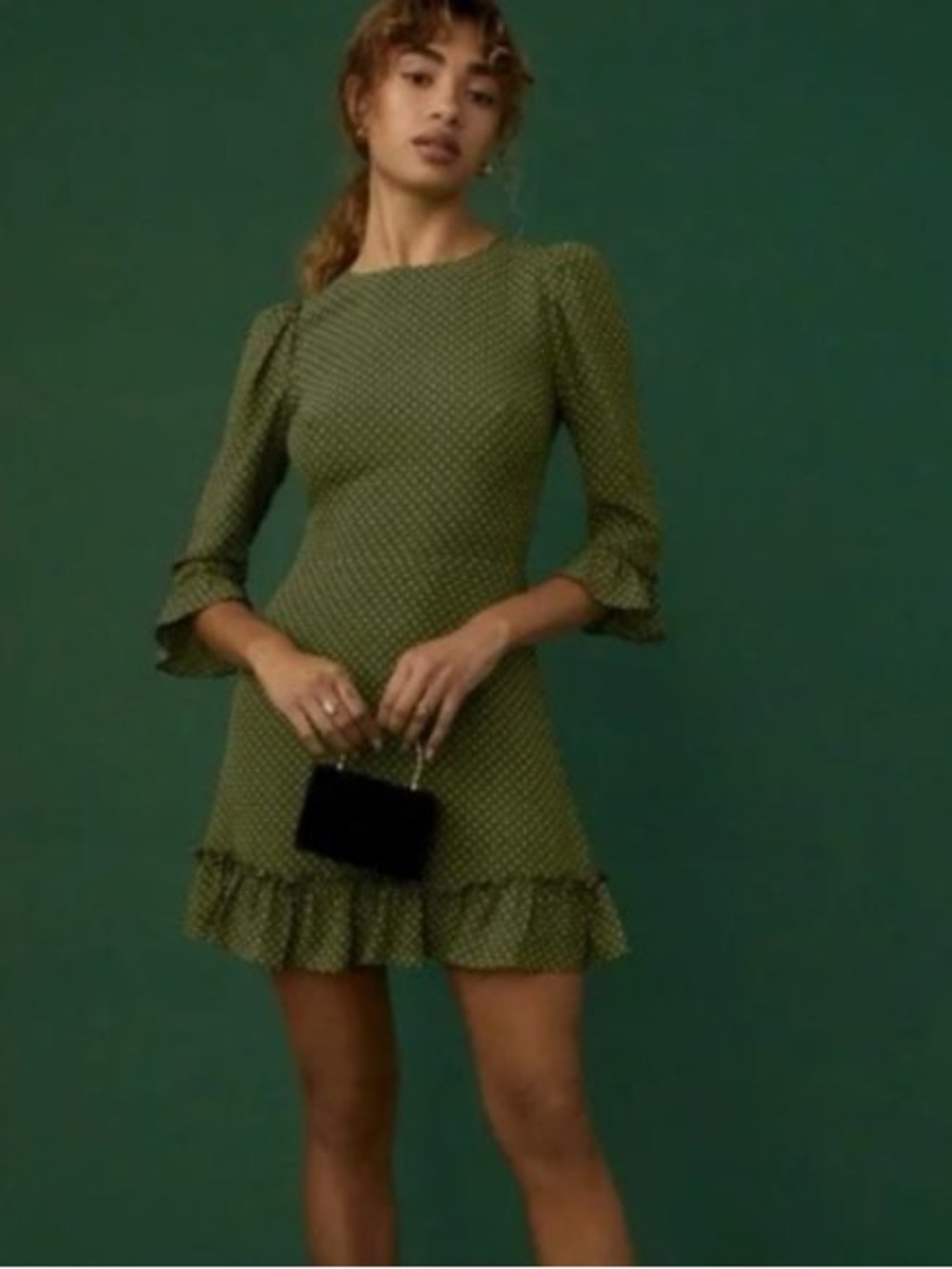 Reformation Olive Mini Dress with Polka Dot Ruffle Hem